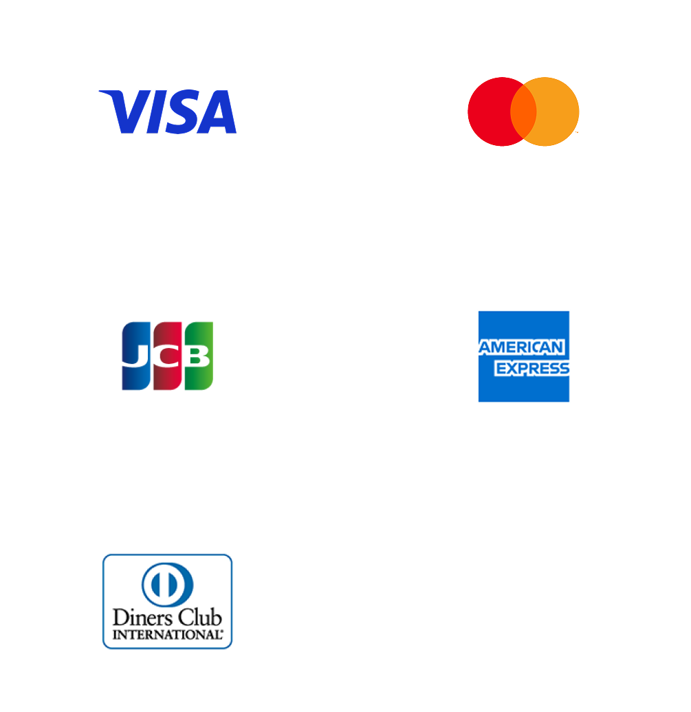 Visa, Mastercard, JCB, American Express, Diners Club